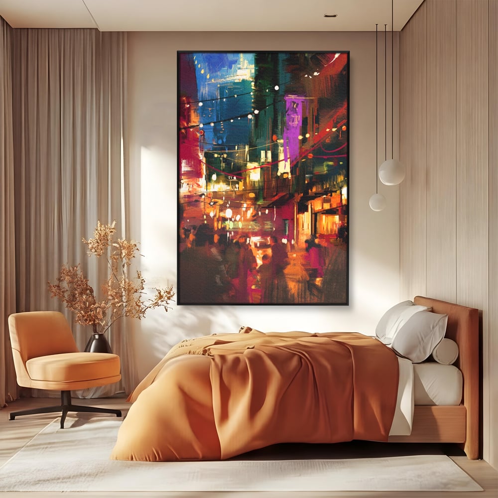 Tablou canvas cu tablou canvas cu peisaj urban nocturn, in rama de aluminiu negru, pe perete intr-un dormitor