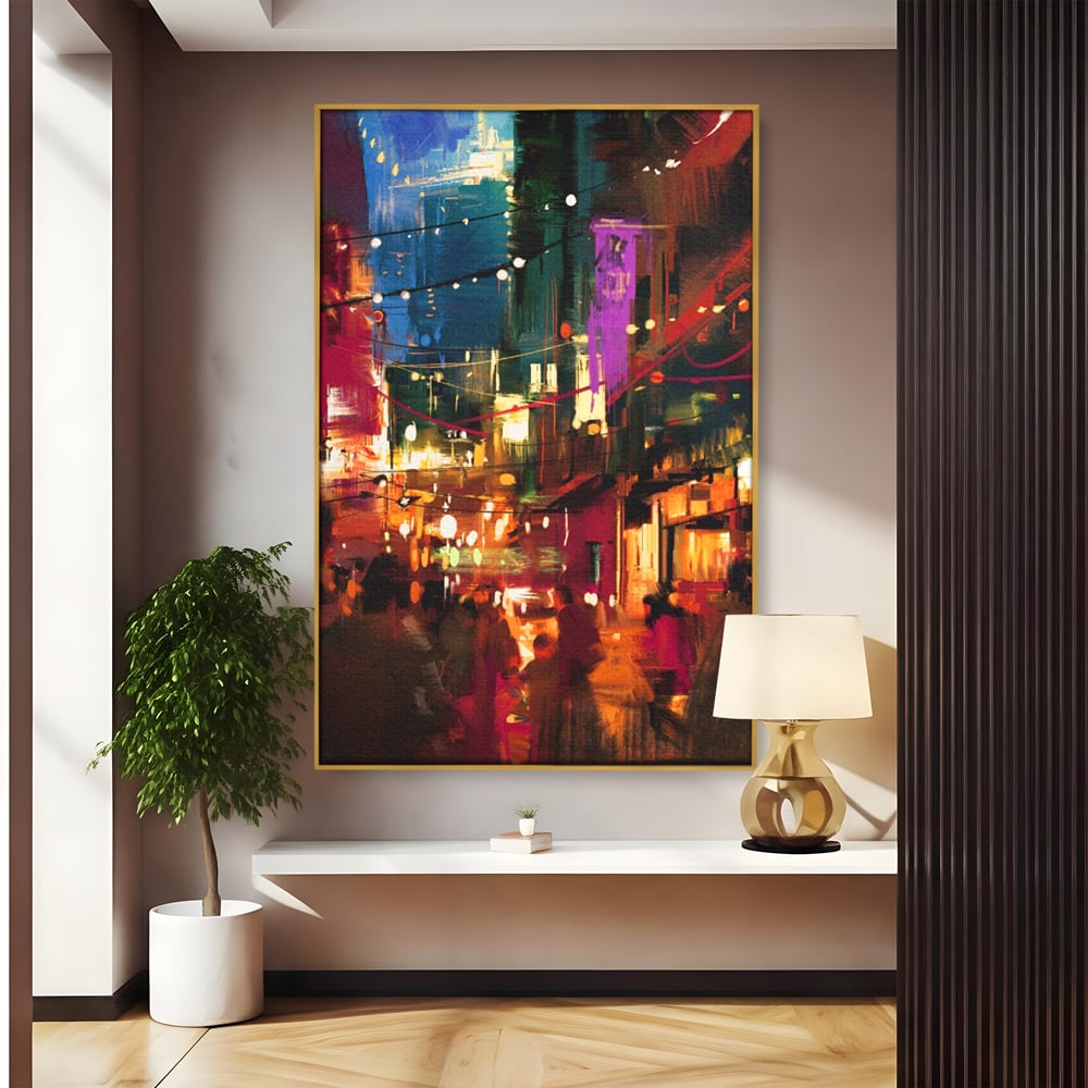 Tablou canvas cu tablou canvas cu peisaj urban nocturn, in rama de aluminiu auriu