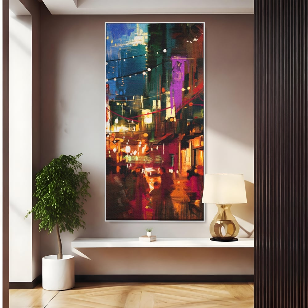 Tablou canvas cu tablou canvas cu peisaj urban nocturn, in rama de aluminiu argintiu