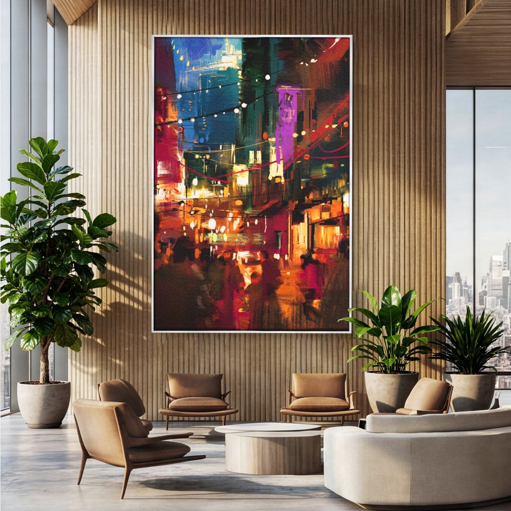 Tablou canvas cu tablou canvas cu peisaj urban nocturn, in rama de aluminiu argintiu, pe perete intr-un birou