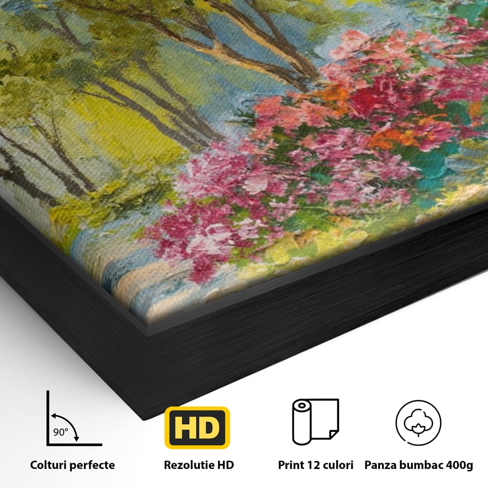 Detaliu al suprafetei: tablou canvas cu peisaj de vara si flori, in rama de aluminiu negru