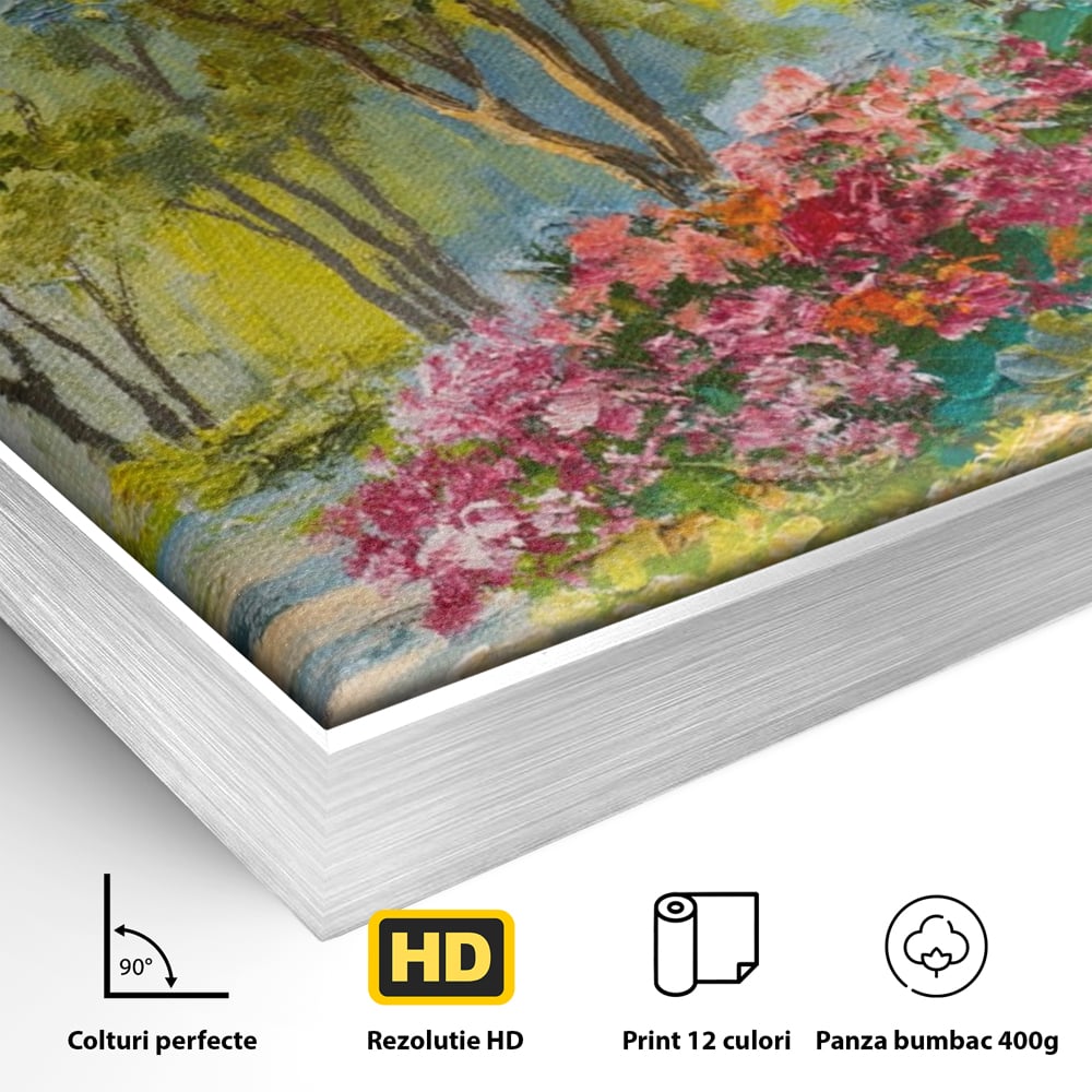 Detaliu al suprafetei: tablou canvas cu peisaj de vara si flori, in rama de aluminiu argintiu