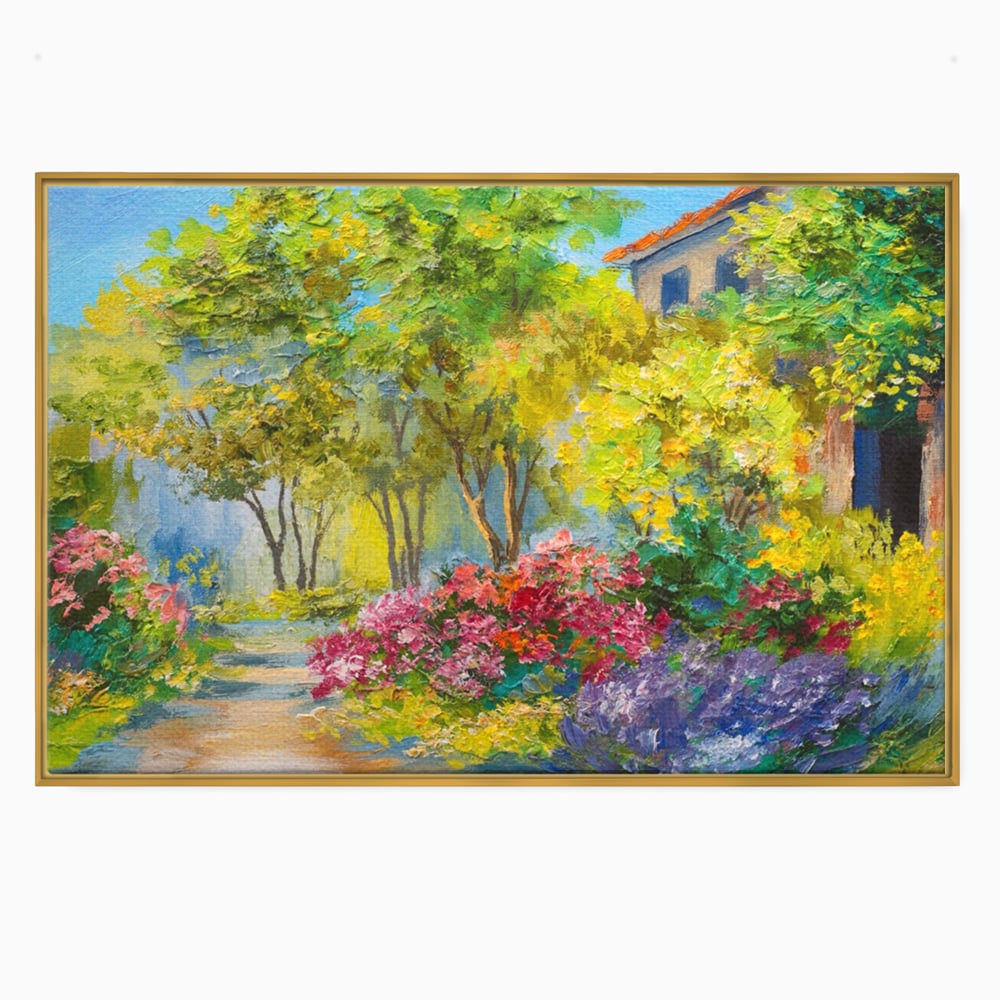 Tablou canvas cu tablou canvas cu peisaj de vara si flori, in rama de aluminiu auriu