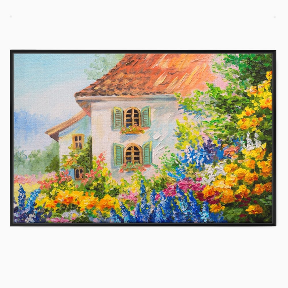 Tablou canvas cu pictura cu casa alba si flori, in rama de aluminiu negru