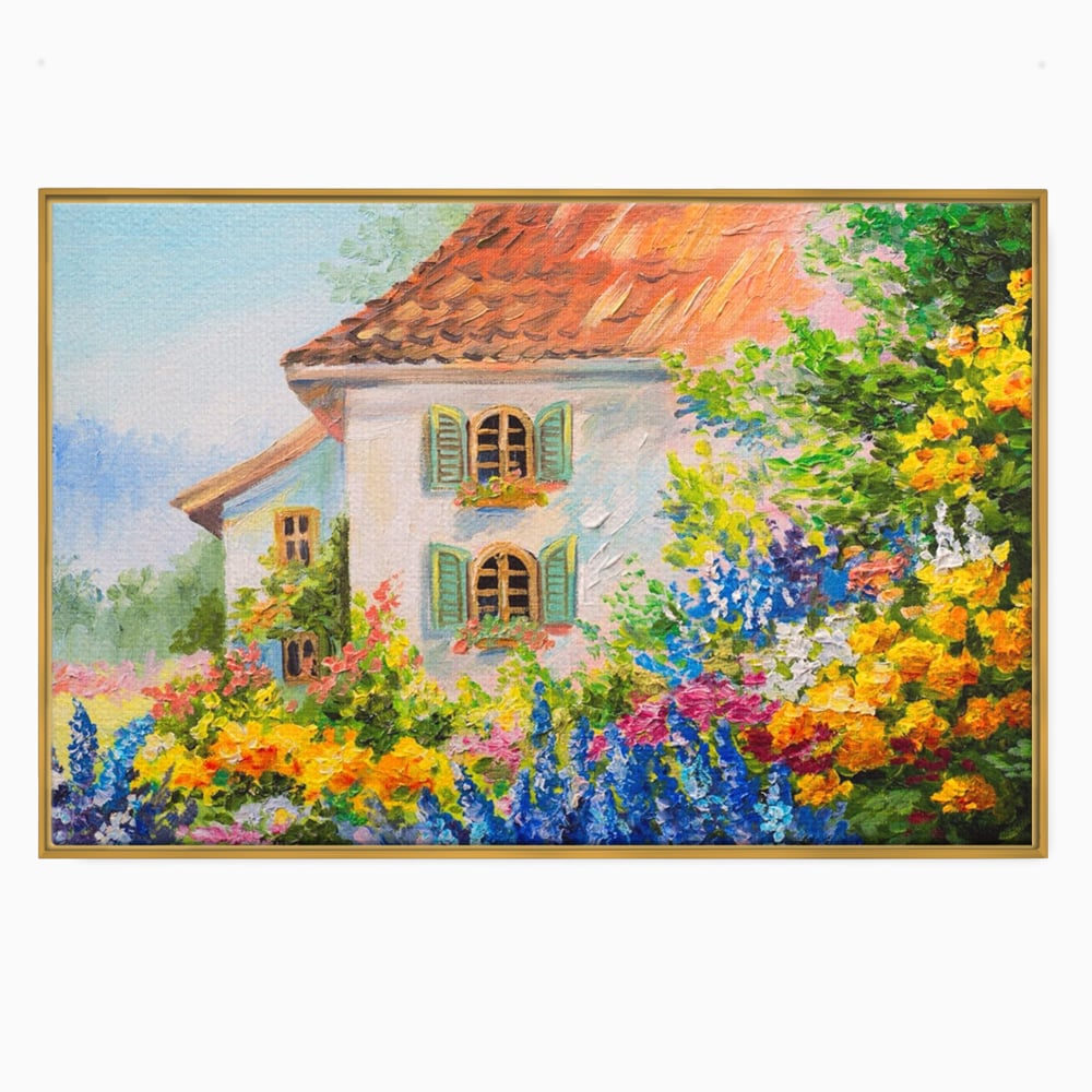 Tablou canvas cu pictura cu casa alba si flori, in rama de aluminiu auriu