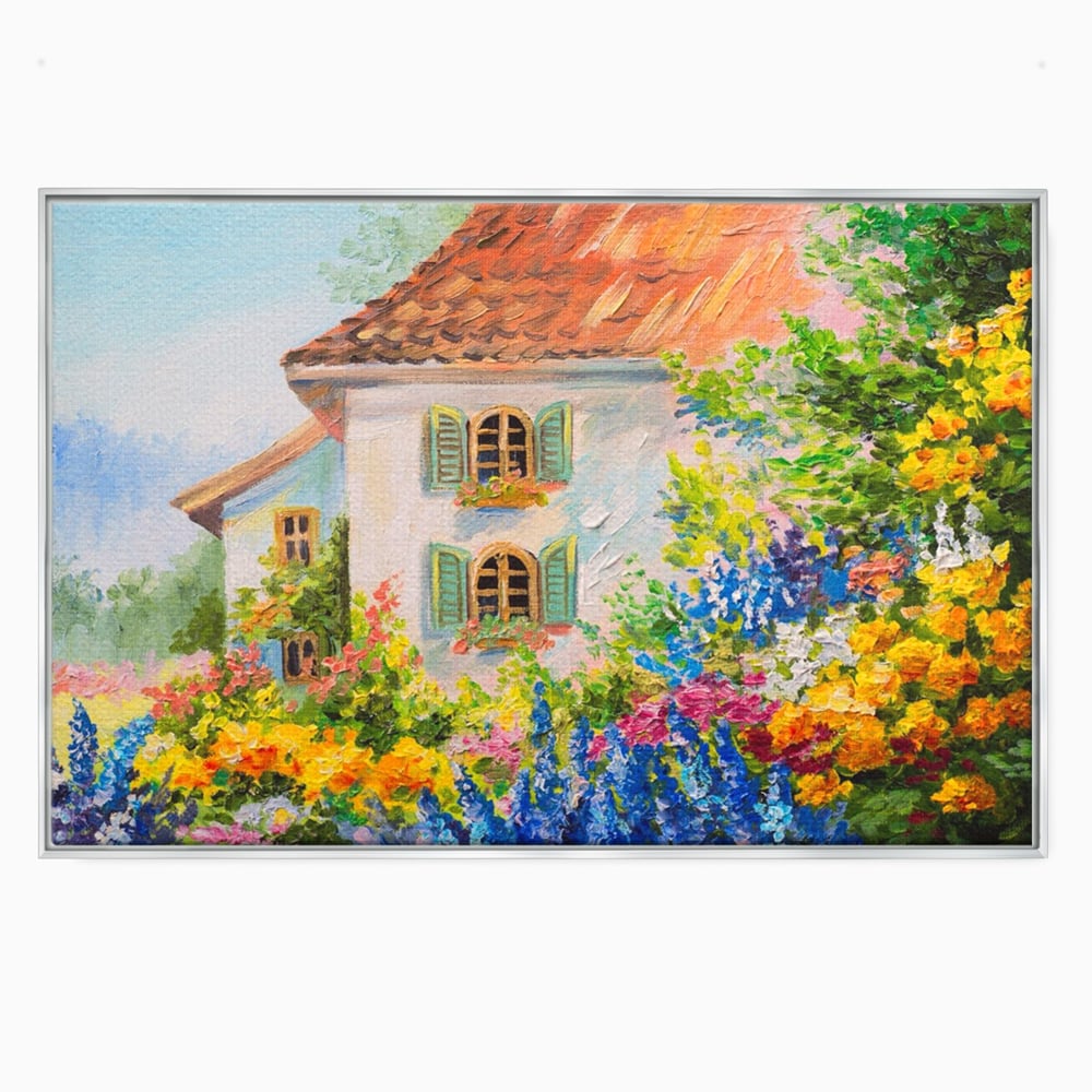 Tablou canvas cu pictura cu casa alba si flori, in rama de aluminiu argintiu