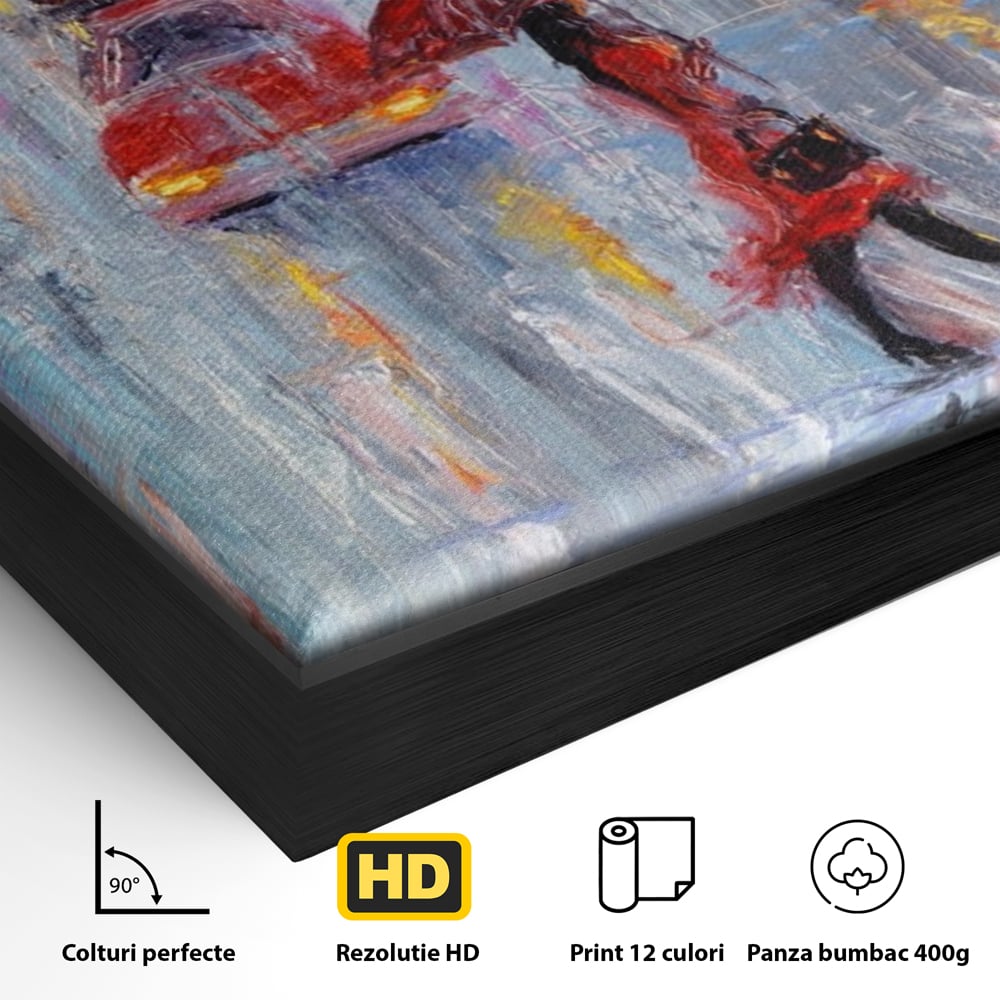 Detaliu al suprafetei: tablou canvas cu oras in ploaie, in rama de aluminiu negru