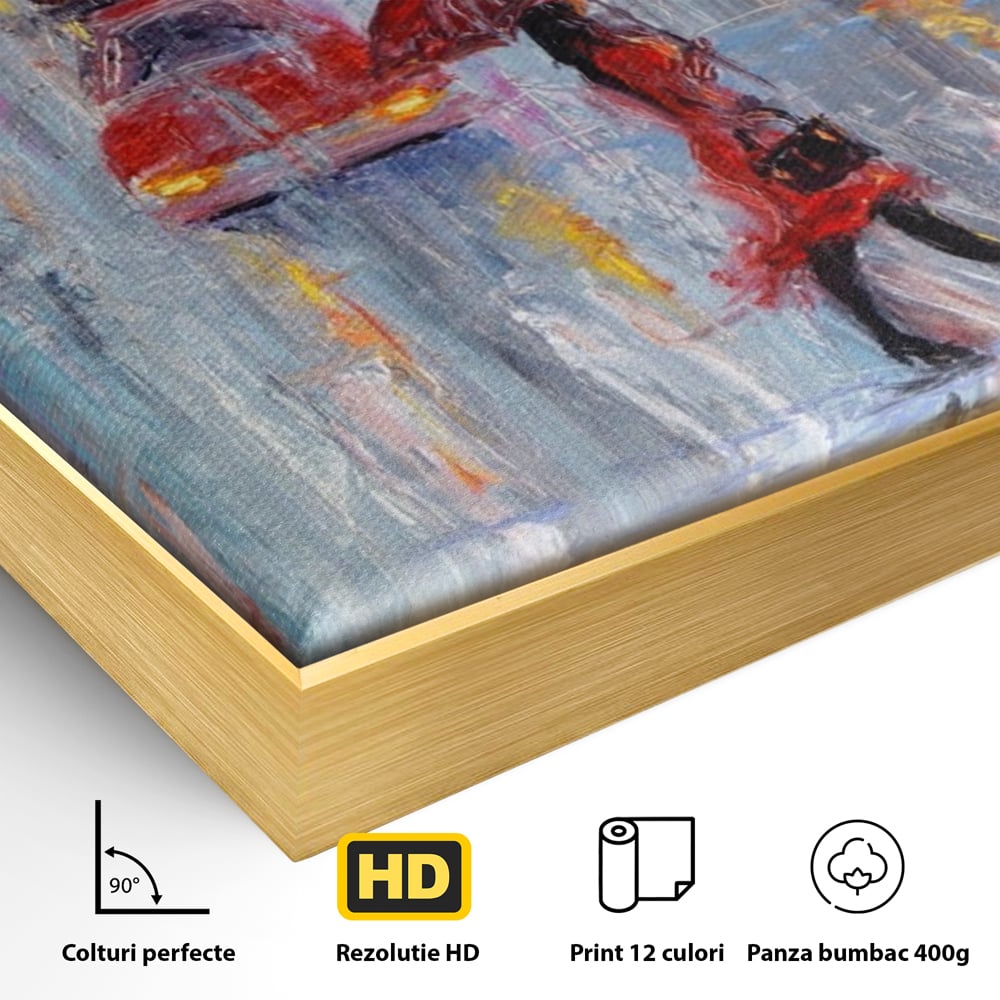 Detaliu al suprafetei: tablou canvas cu oras in ploaie, in rama de aluminiu auriu