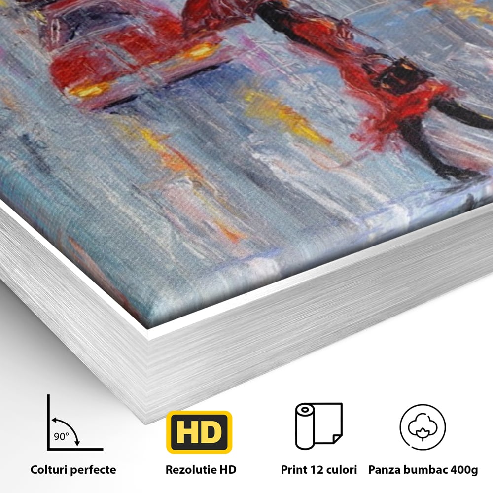 Detaliu al suprafetei: tablou canvas cu oras in ploaie, in rama de aluminiu argintiu