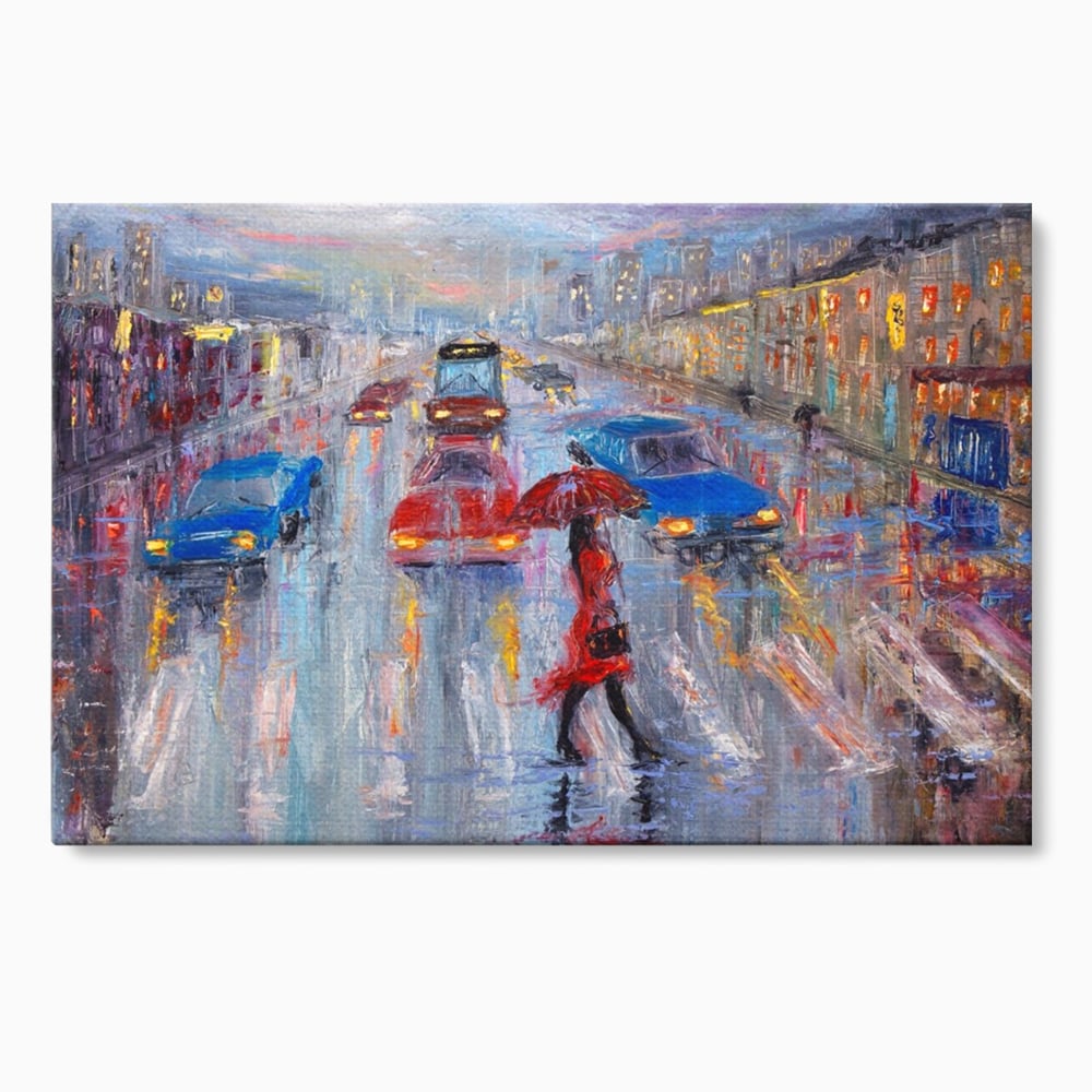 Tablou canvas cu tablou canvas cu oras in ploaie, fara rama, pe sasiu de lemn