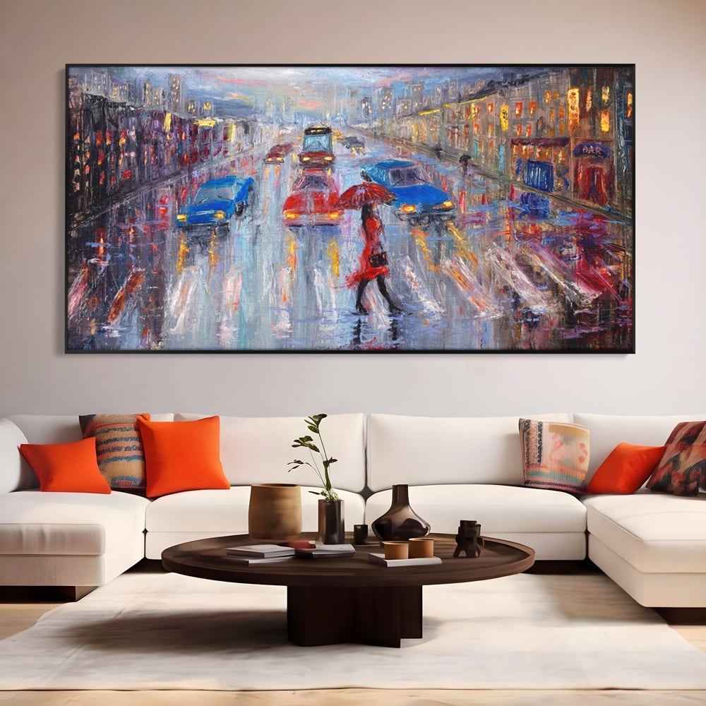 Tablou canvas cu tablou canvas cu oras in ploaie, in rama de aluminiu negru, pe perete intr-un living
