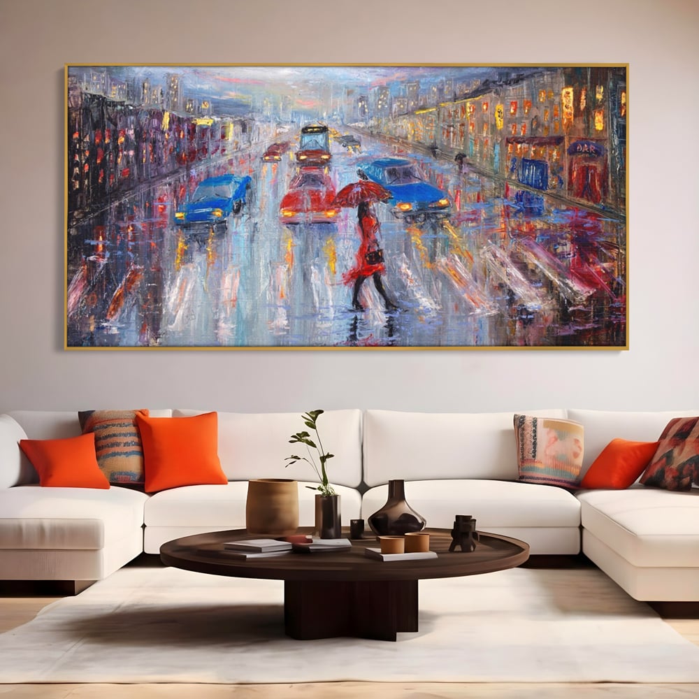 Tablou canvas cu tablou canvas cu oras in ploaie, in rama de aluminiu auriu, pe perete intr-un living