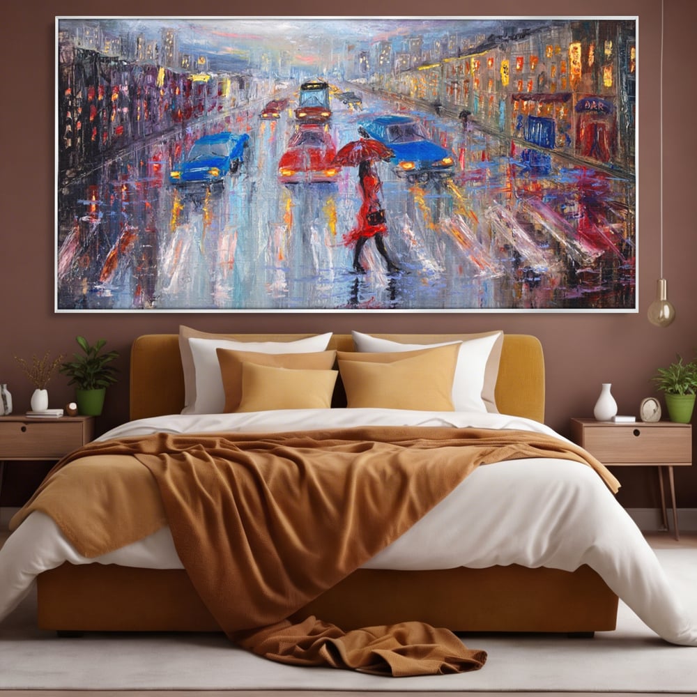 Tablou canvas cu tablou canvas cu oras in ploaie, in rama de aluminiu argintiu, pe perete intr-un dormitor