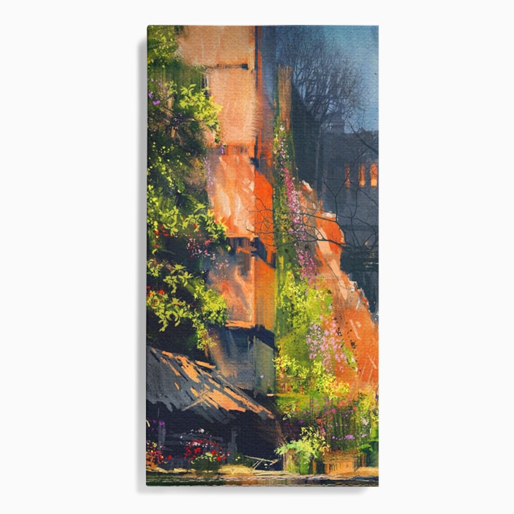 Tablou canvas cu pictura verticala cu ziduri vechi si flori, fara rama, pe sasiu de lemn