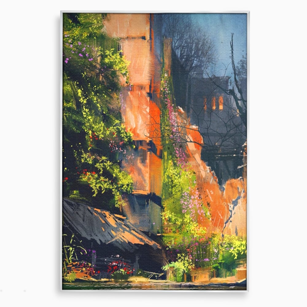 Tablou canvas cu pictura verticala cu ziduri vechi si flori, in rama de aluminiu argintiu