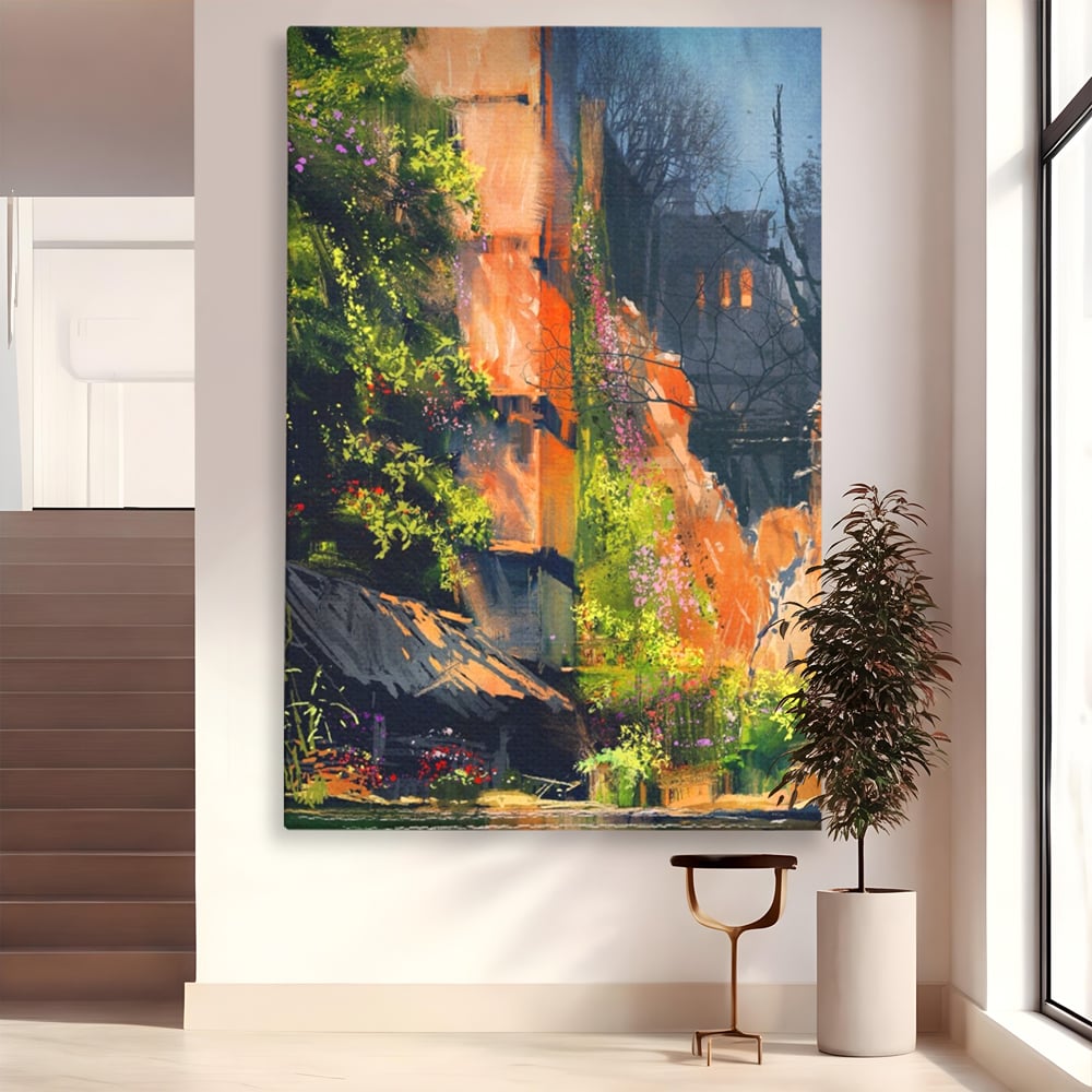 Tablou canvas cu pictura verticala cu ziduri vechi si flori, fara rama, pe sasiu de lemn