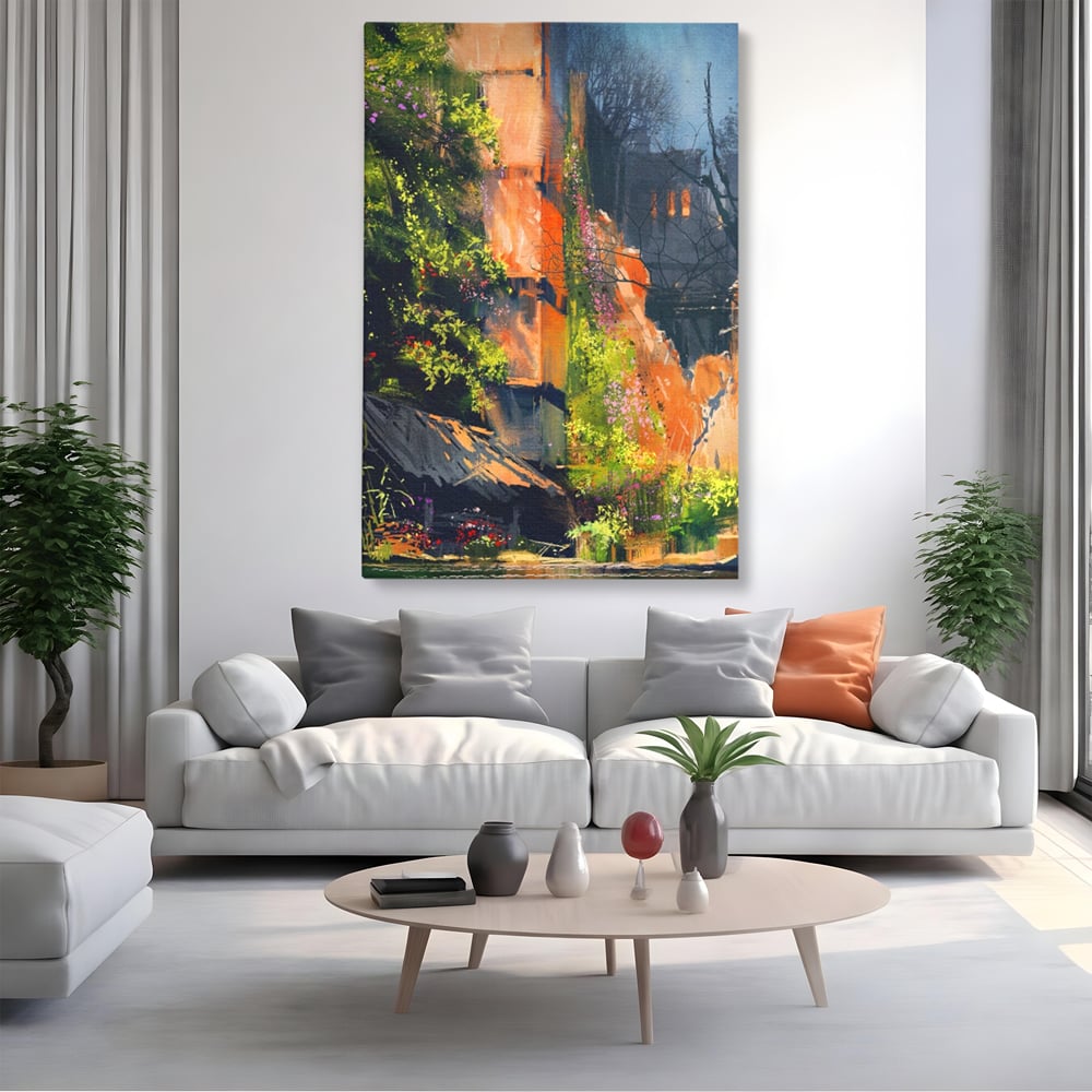 Tablou canvas cu pictura verticala cu ziduri vechi si flori, fara rama, pe sasiu de lemn, pe perete intr-un living
