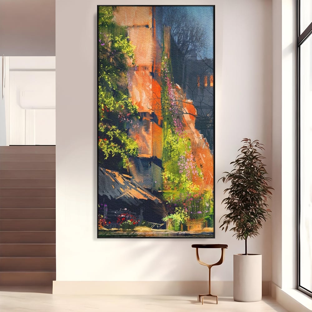Tablou canvas cu pictura verticala cu ziduri vechi si flori, in rama de aluminiu negru