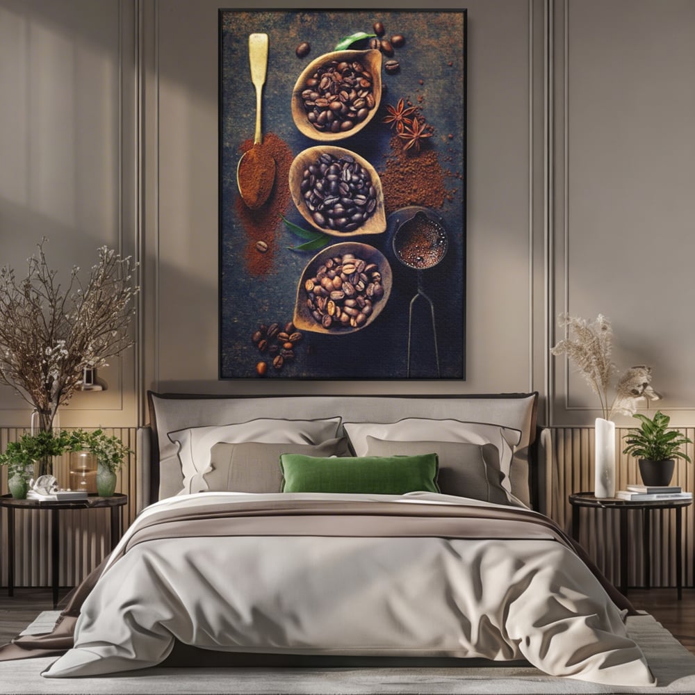 Tablou canvas cu tablou cu boabe de cafea in linguri de lemn, in rama de aluminiu negru, pe perete intr-un dormitor