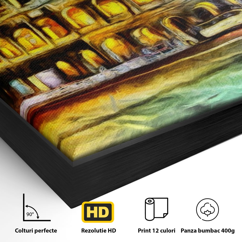 Detaliu al suprafetei: pictura digitala cu colosseumul din roma noaptea, in rama de aluminiu negru