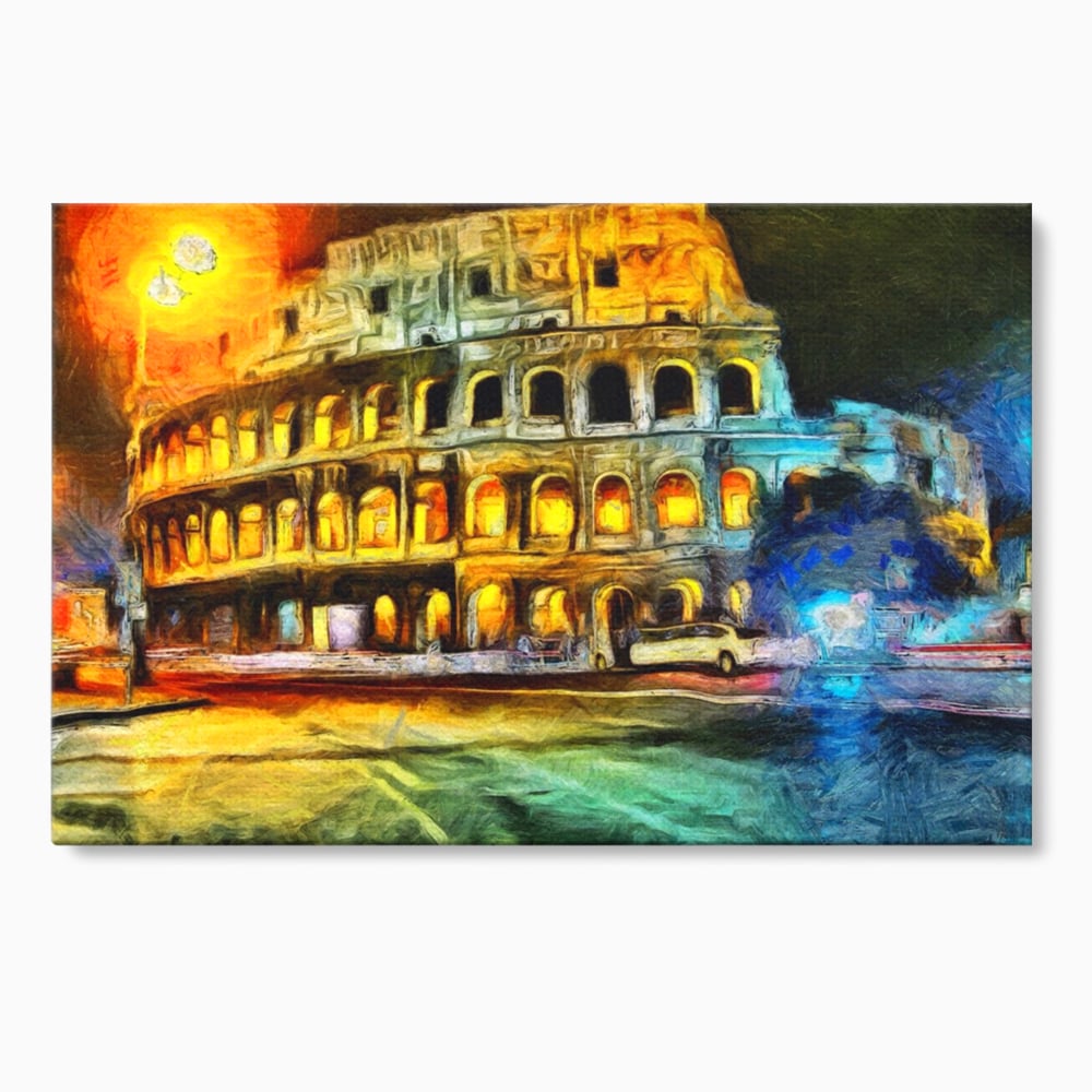 Tablou canvas cu pictura digitala cu colosseumul din roma noaptea, fara rama, pe sasiu de lemn