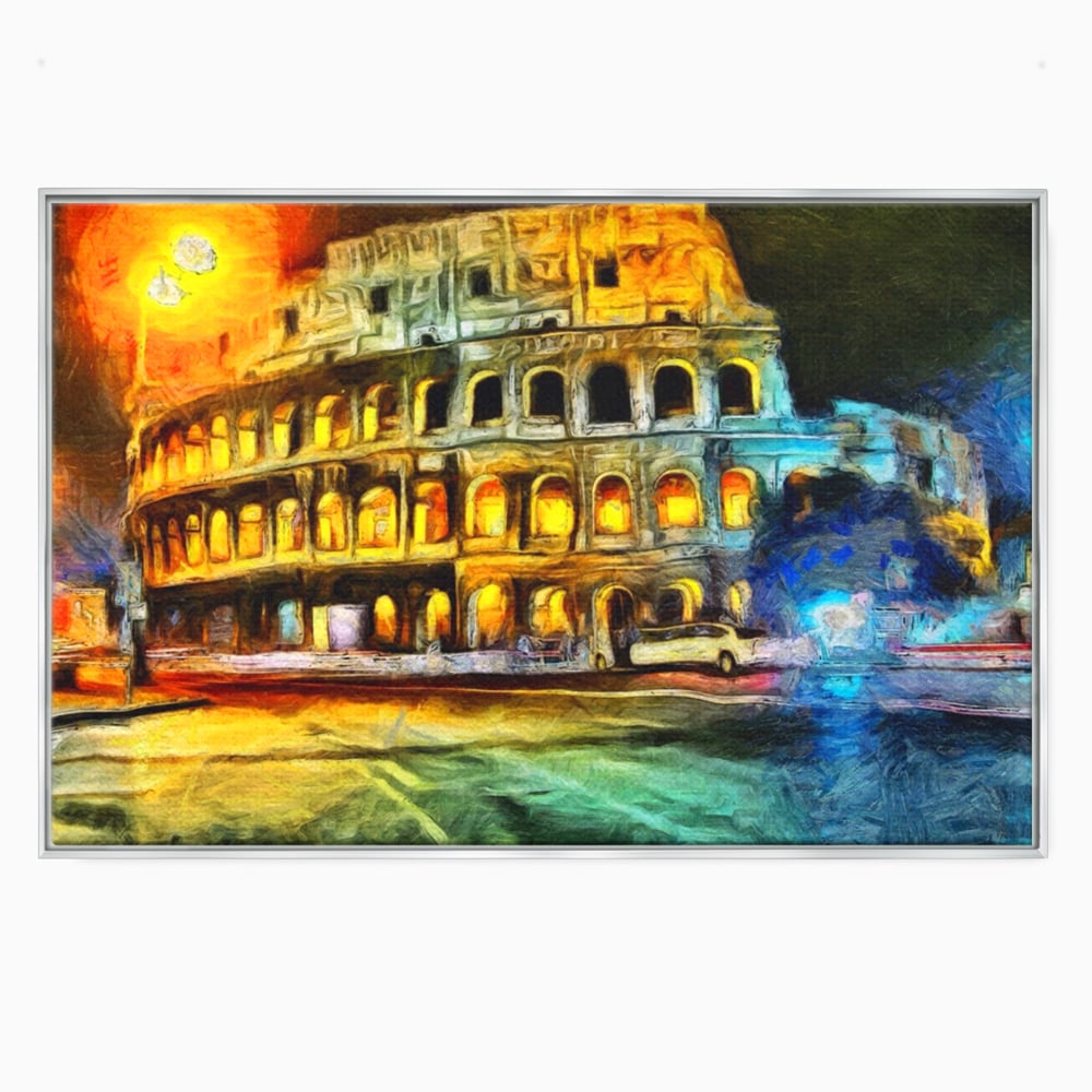 Tablou canvas cu pictura digitala cu colosseumul din roma noaptea, in rama de aluminiu argintiu