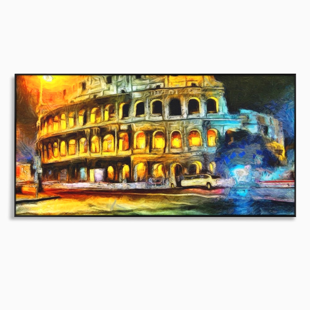 Tablou canvas cu pictura digitala cu colosseumul din roma noaptea, in rama de aluminiu negru