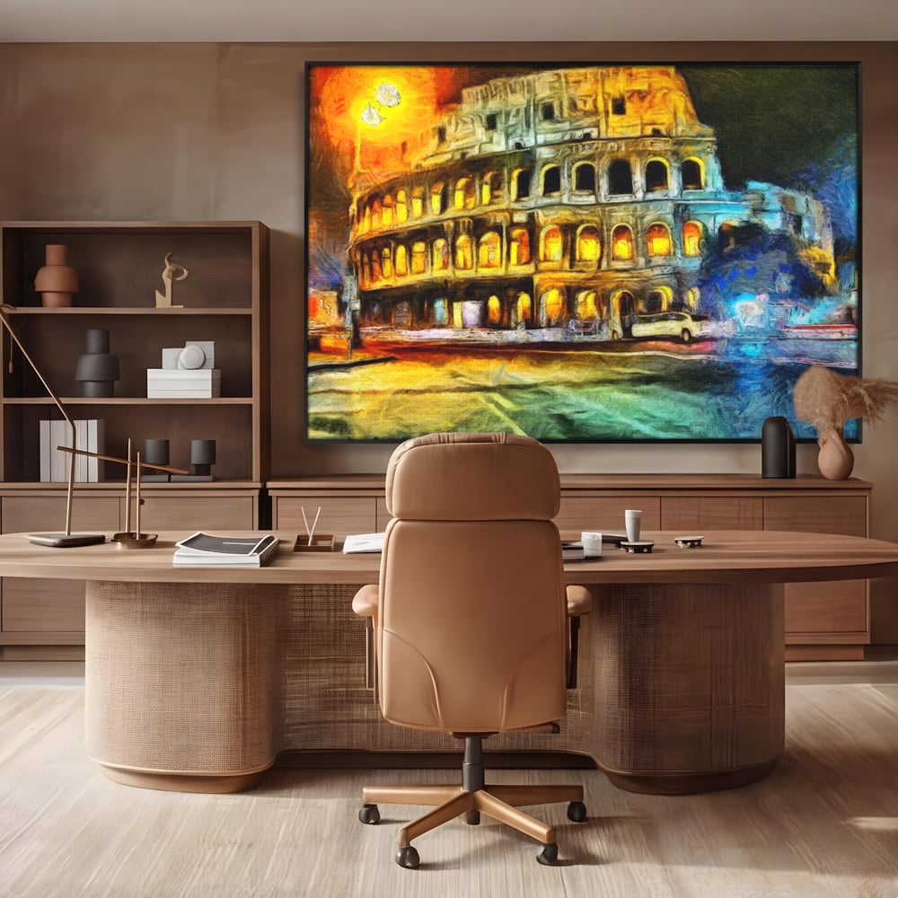 Tablou canvas cu pictura digitala cu colosseumul din roma noaptea, in rama de aluminiu negru, pe perete intr-un birou