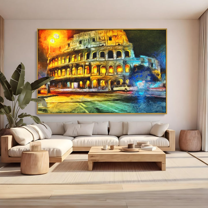 Tablou canvas cu pictura digitala cu colosseumul din roma noaptea, in rama de aluminiu auriu, pe perete intr-un living