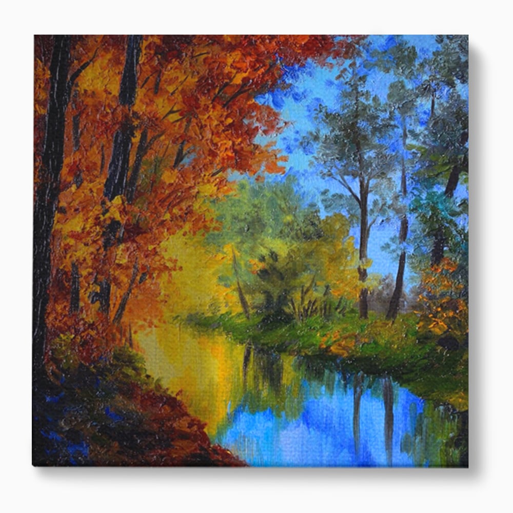 Tablou canvas cu pictura in ulei cu padure toamna si lac, fara rama, pe sasiu de lemn