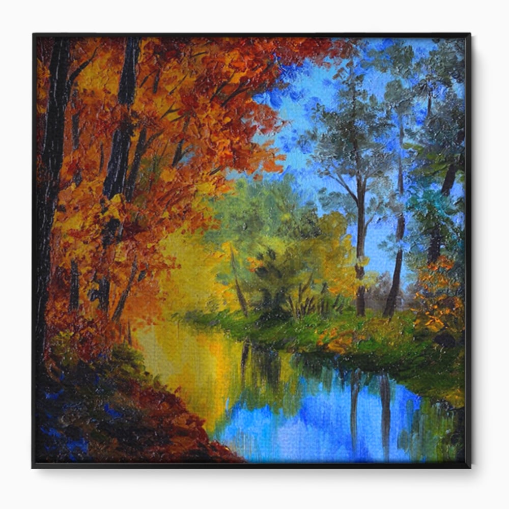 Tablou canvas cu pictura in ulei cu padure toamna si lac, in rama de aluminiu negru