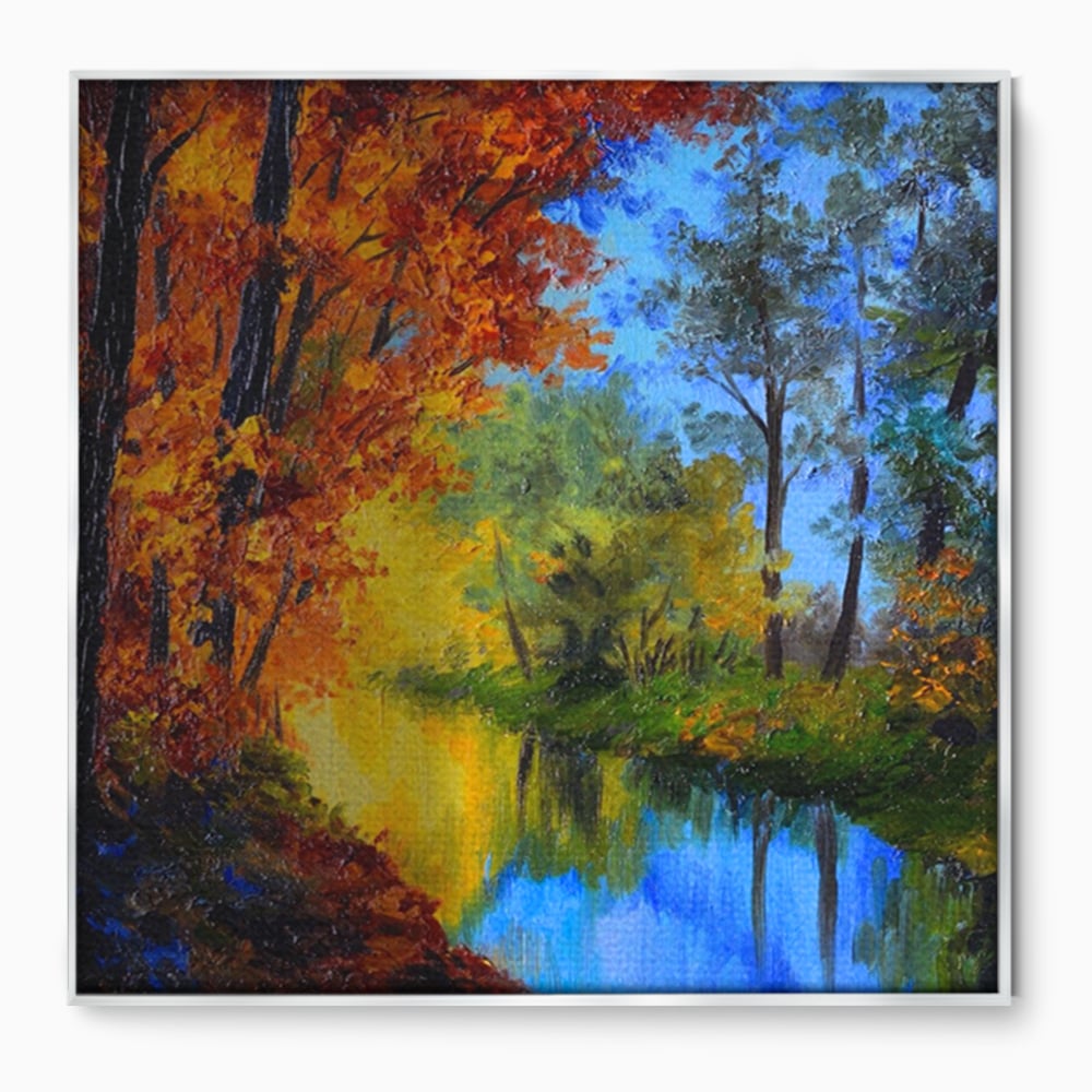 Tablou canvas cu pictura in ulei cu padure toamna si lac, in rama de aluminiu argintiu