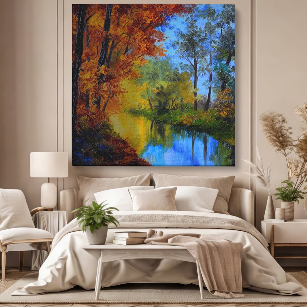 Tablou canvas cu pictura in ulei cu padure toamna si lac, fara rama, pe sasiu de lemn, pe perete intr-un dormitor