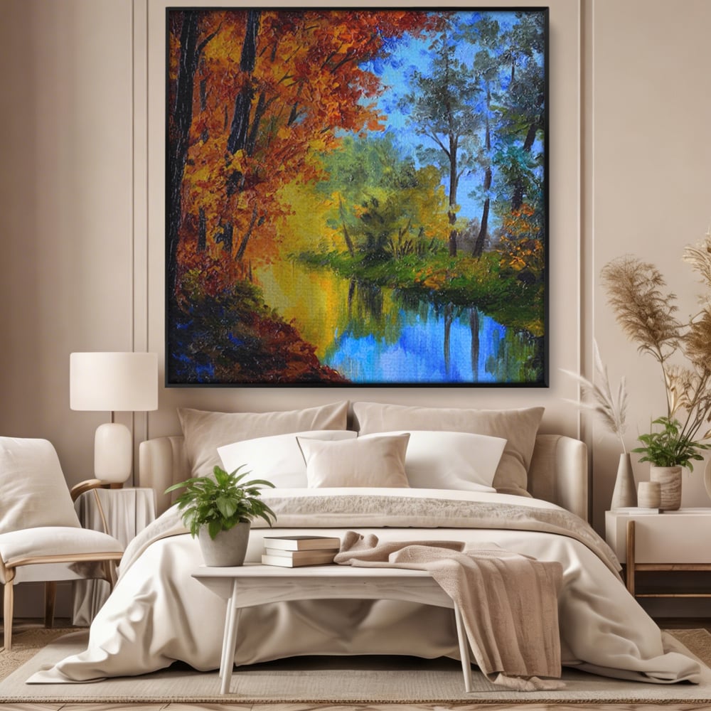 Tablou canvas cu pictura in ulei cu padure toamna si lac, in rama de aluminiu negru, pe perete intr-un dormitor