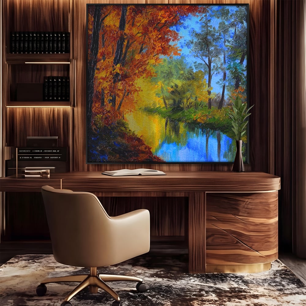 Tablou canvas cu pictura in ulei cu padure toamna si lac, in rama de aluminiu negru, pe perete intr-un birou