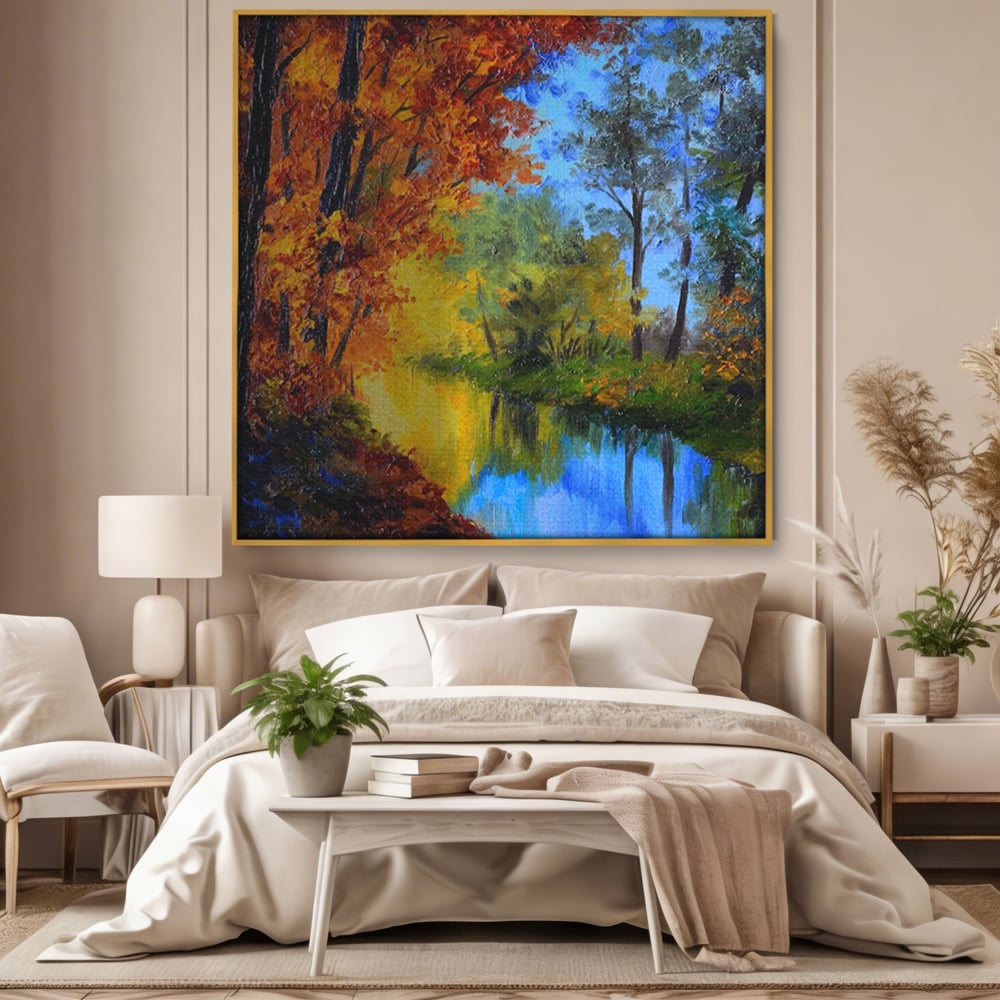 Tablou canvas cu pictura in ulei cu padure toamna si lac, in rama de aluminiu auriu, pe perete intr-un dormitor