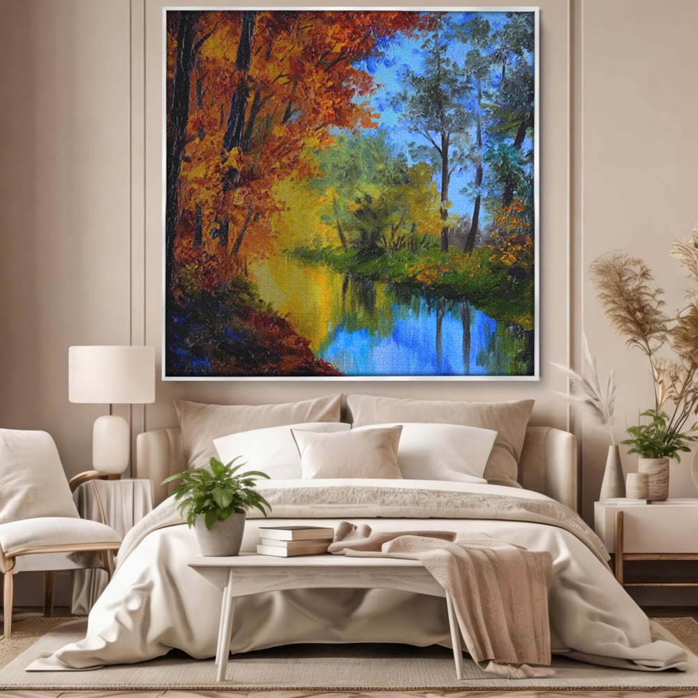 Tablou canvas cu pictura in ulei cu padure toamna si lac, in rama de aluminiu argintiu, pe perete intr-un dormitor