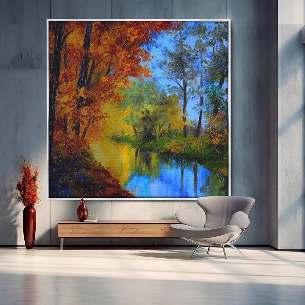 Tablou canvas cu pictura in ulei cu padure toamna si lac, in rama de aluminiu argintiu