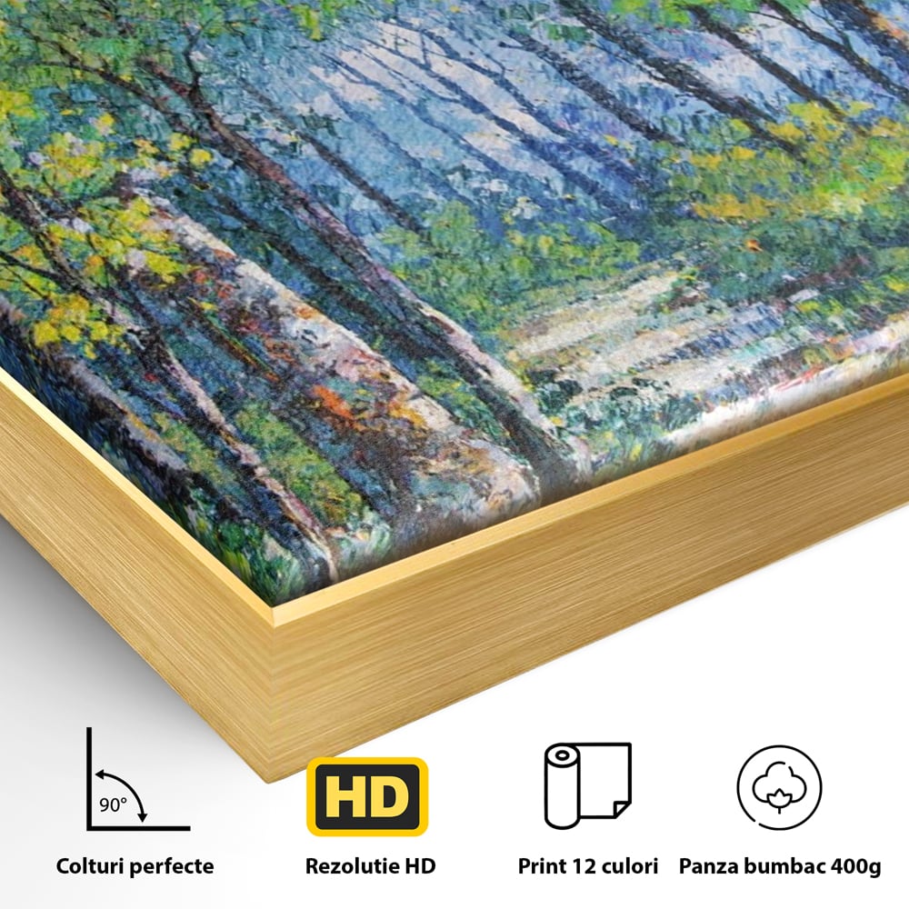 Detaliu al suprafetei: tablou canvas cu peisaj de padure, in rama de aluminiu auriu