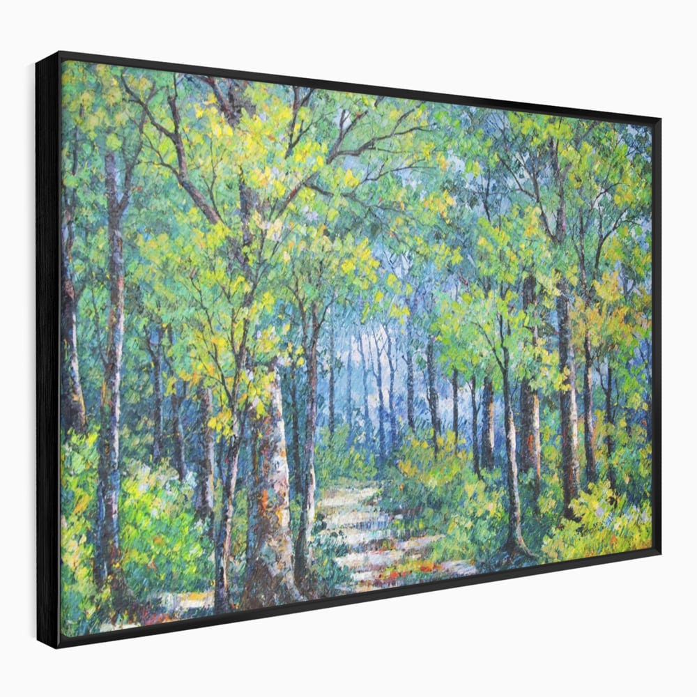 Tablou canvas cu tablou canvas cu peisaj de padure, in rama de aluminiu negru
