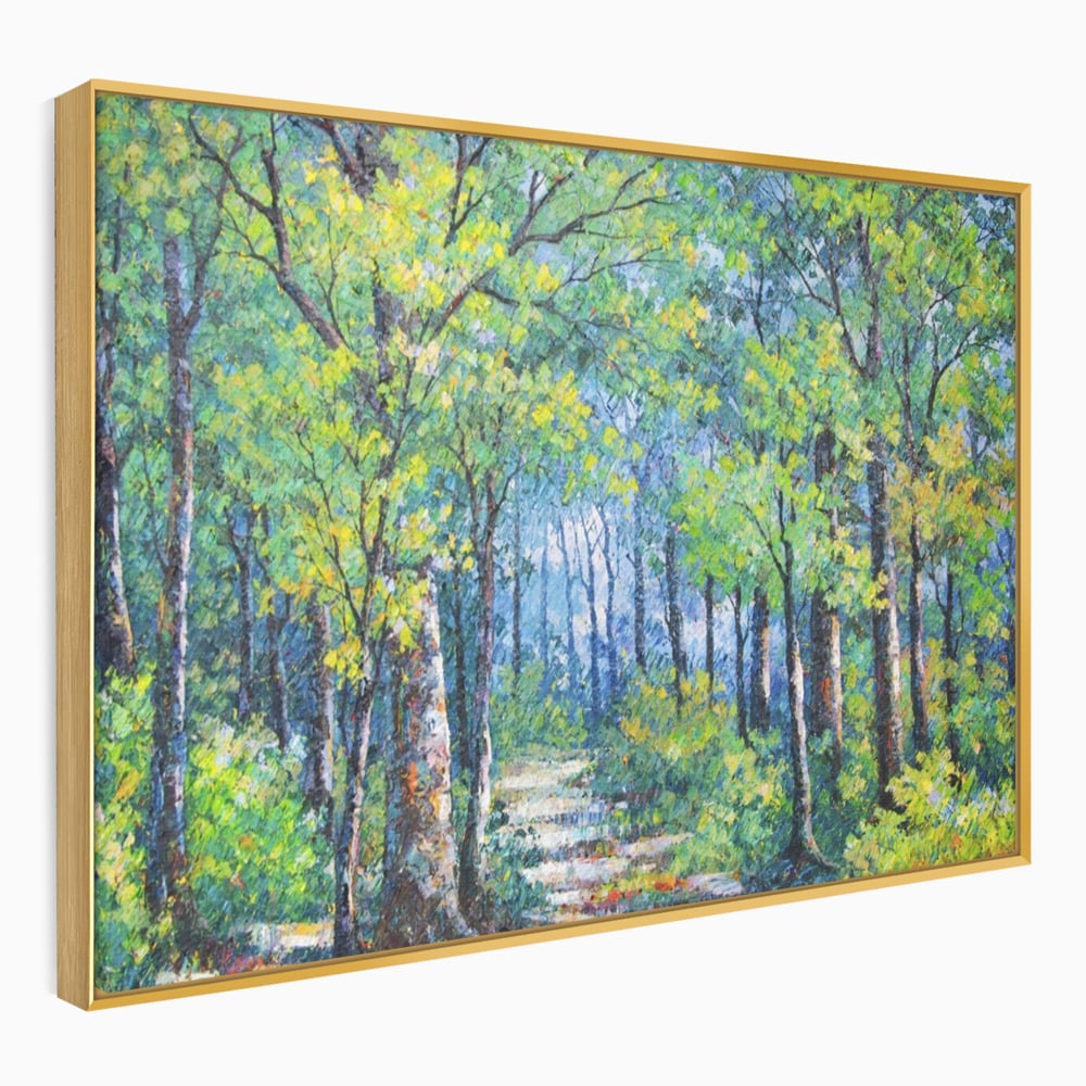 Tablou canvas cu tablou canvas cu peisaj de padure, in rama de aluminiu auriu