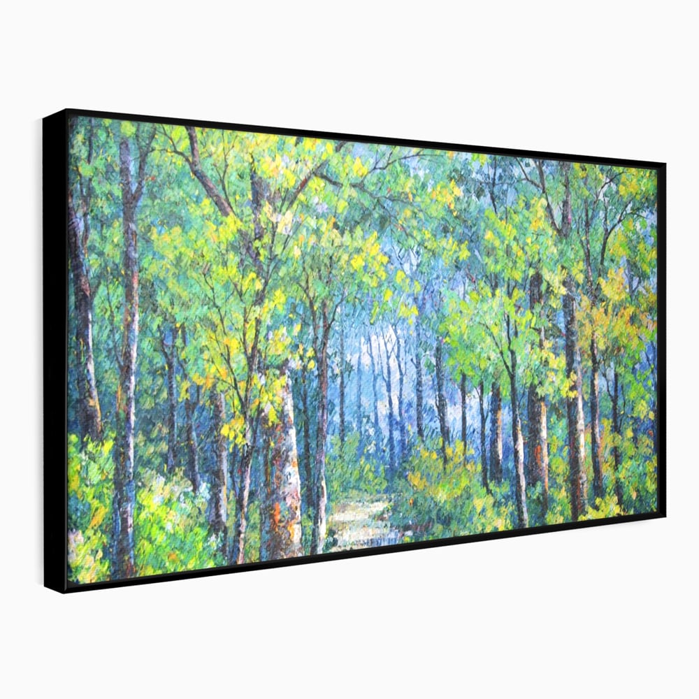 Tablou canvas cu tablou canvas cu peisaj de padure, in rama de aluminiu negru