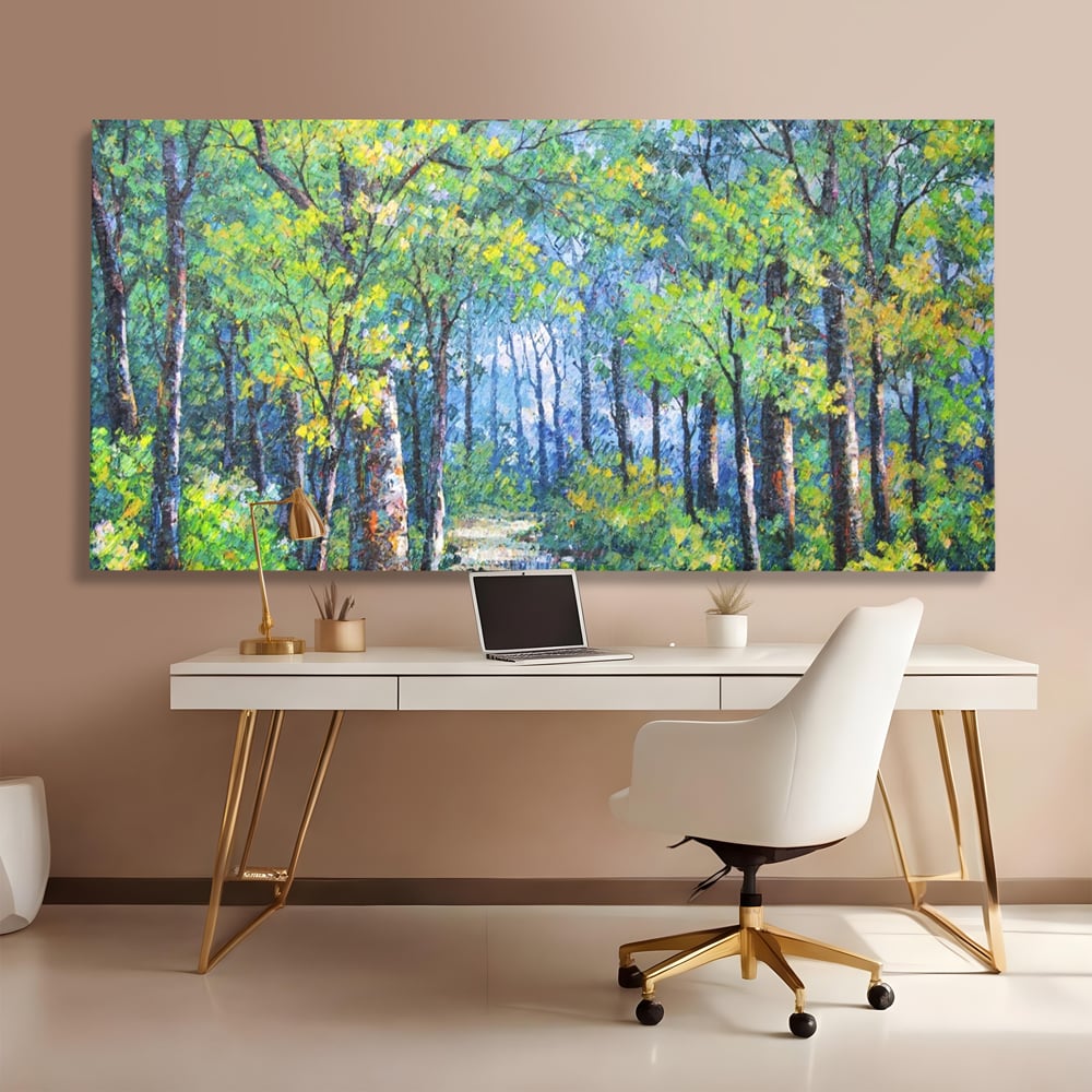 Tablou canvas cu tablou canvas cu peisaj de padure, fara rama, pe sasiu de lemn, pe perete intr-un birou