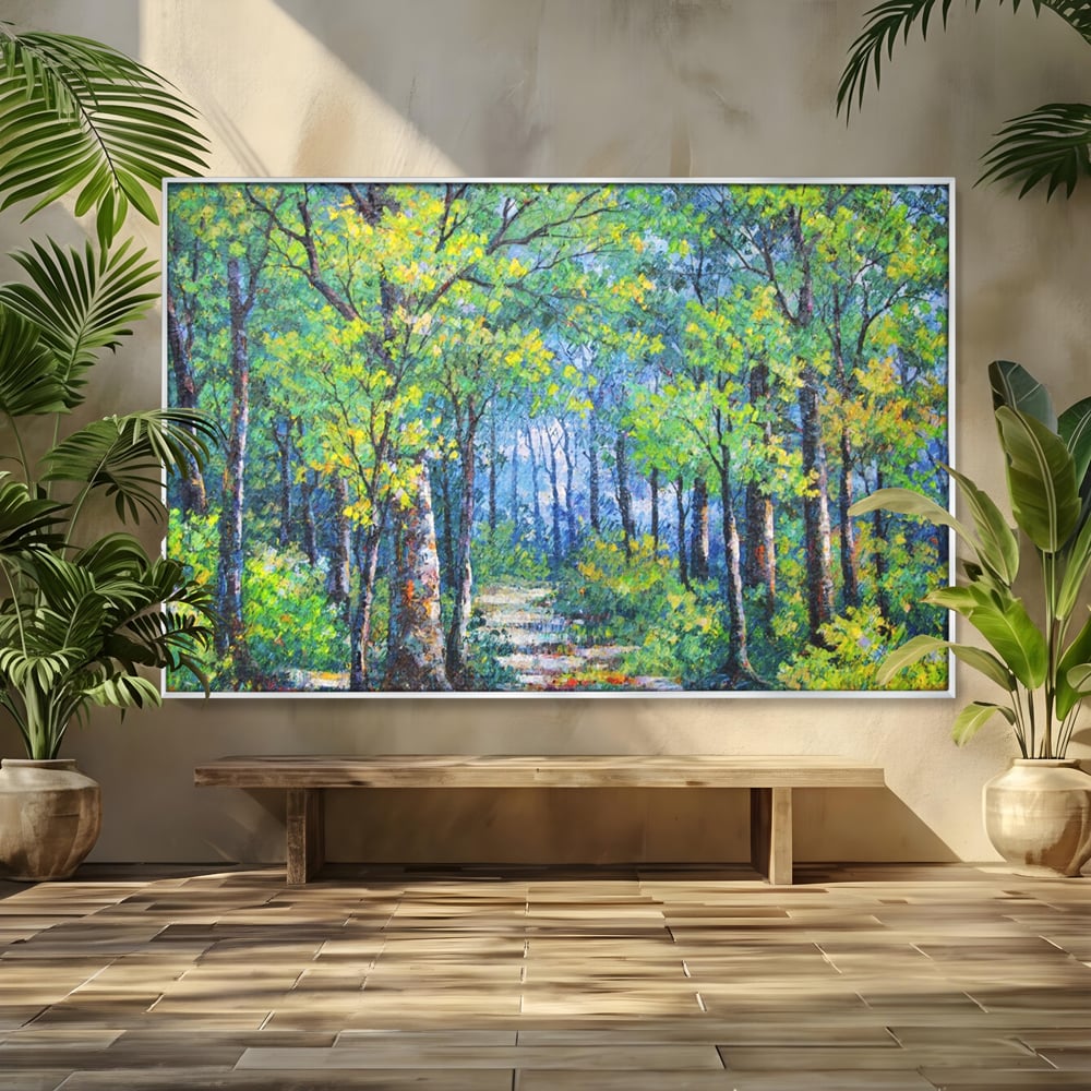 Tablou canvas cu tablou canvas cu peisaj de padure, in rama de aluminiu argintiu
