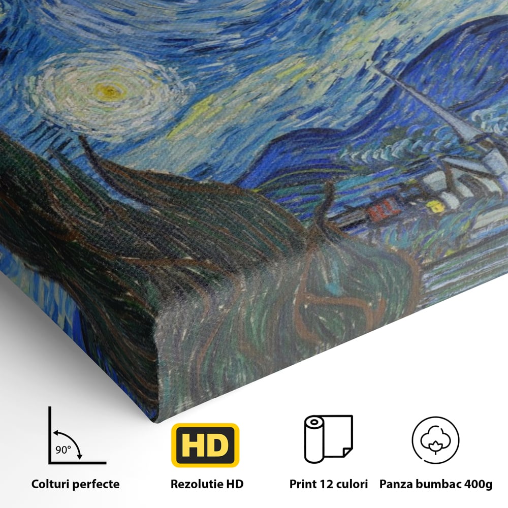 Detaliu al suprafetei: reproducere pictura noapte instelata van gogh, fara rama, pe sasiu de lemn
