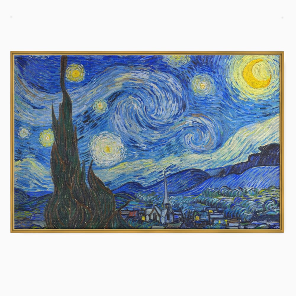 Tablou canvas cu reproducere pictura noapte instelata van gogh, in rama de aluminiu auriu