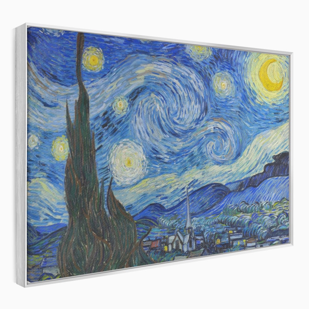 Tablou canvas cu reproducere pictura noapte instelata van gogh, in rama de aluminiu argintiu