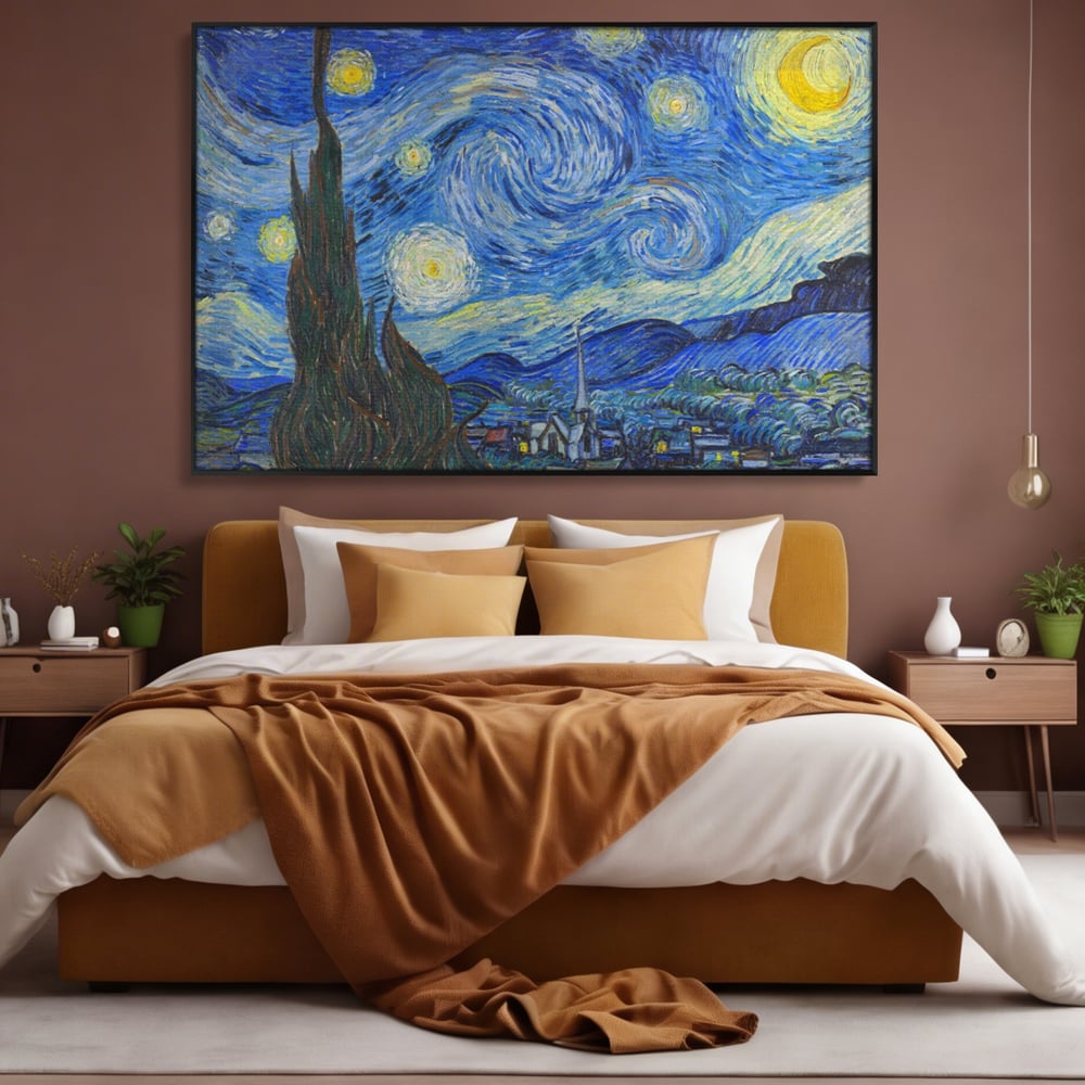 Tablou canvas cu reproducere pictura noapte instelata van gogh, in rama de aluminiu negru, pe perete intr-un dormitor
