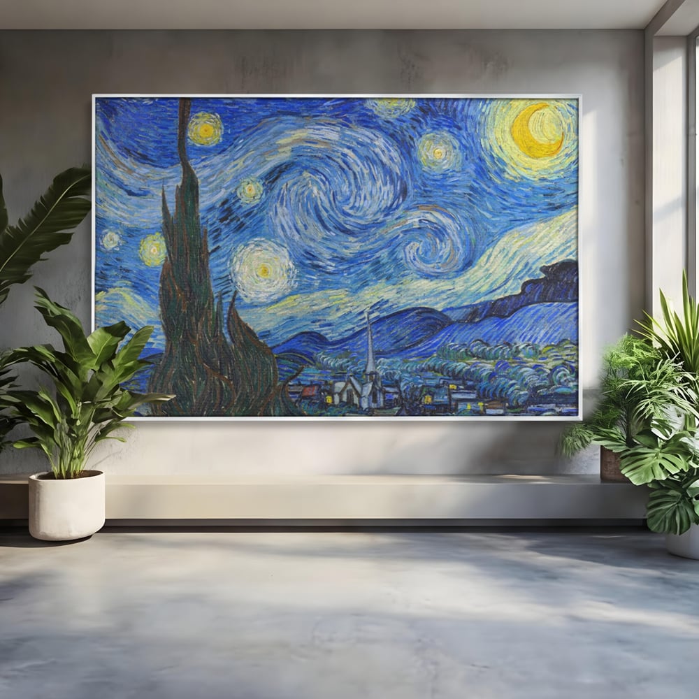 Tablou canvas cu reproducere pictura noapte instelata van gogh, in rama de aluminiu argintiu