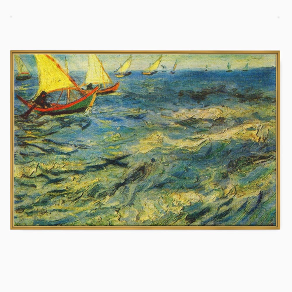 Tablou canvas cu reproducere pictura marina cu barci van gogh, in rama de aluminiu auriu